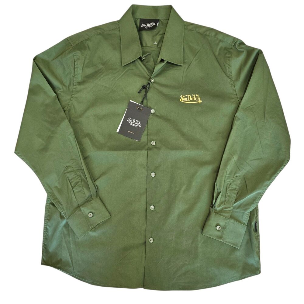 NEW Von Dutch Mens Long Sleeve Olive Green Spell Out Logo Button Down Shirt L